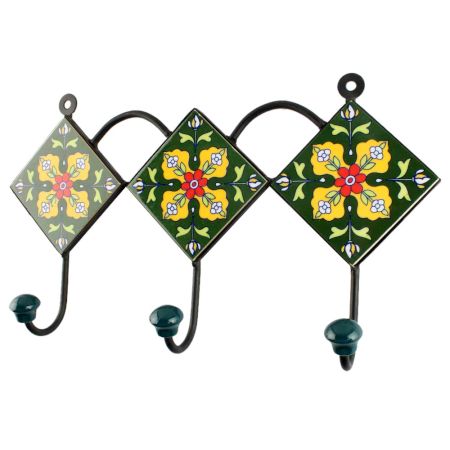 Forest Green Floral Ceramic Tile Hook